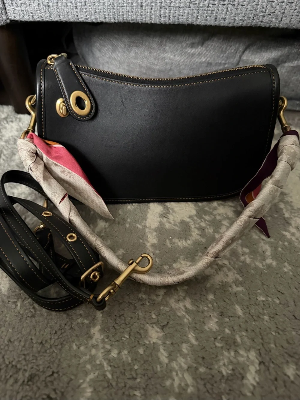 Coach Swinger - Black Women's Shoulder Bag with Coach Colorful Scarf Accent